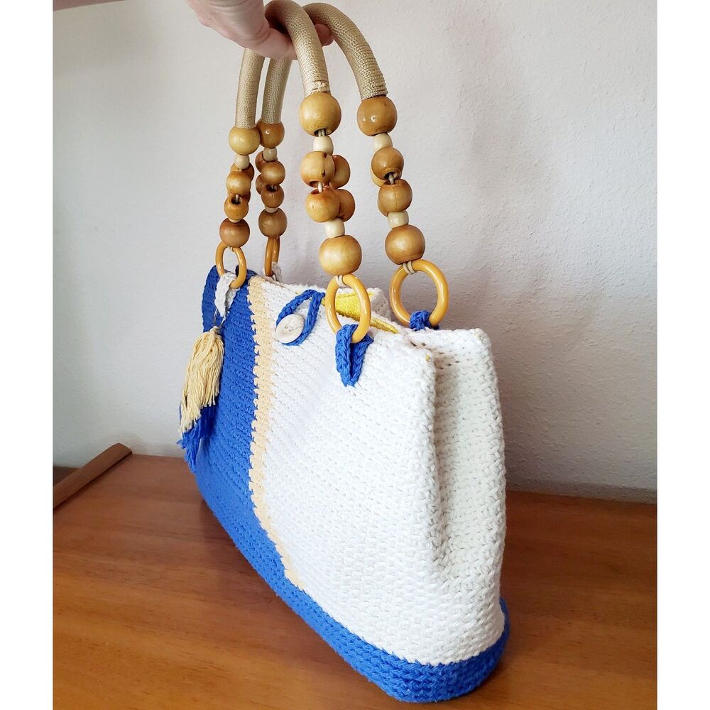 Handmade Knit Crochet Purse Hand Bag Summer Blue White Casual Beach Tiki - Picture 3 of 12